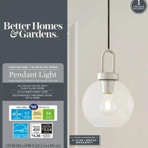 Better Homes & Gardens 59” Nickel Pendant Ceiling Light, Metal Base Glass Shade